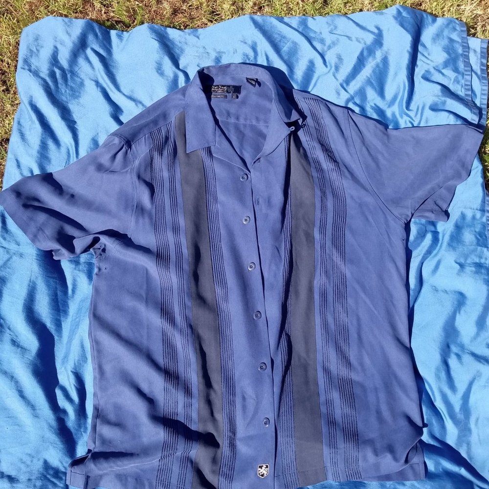Nat Nast 100% silk shirt. Blue shirt with black stripes on each side. Size Large